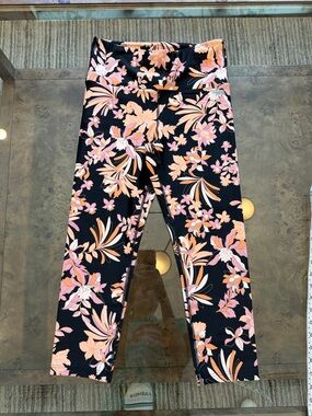 Running Bare Black Capri Leggings with Pink & Peach Floral Print